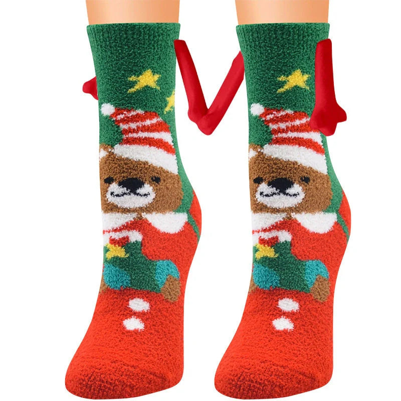 Christmas couple socks with magnetic suction feature for hand holding, festive 3D animal patterns