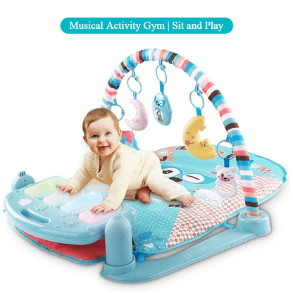 Interactive baby play mat with piano keyboard and bear rattle for sensory development