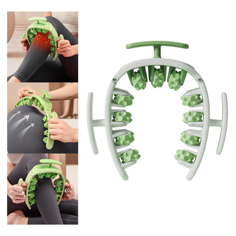 Manual round massager with 11 wheels for waist, buttocks, and thigh relief in white pink, white green, or green