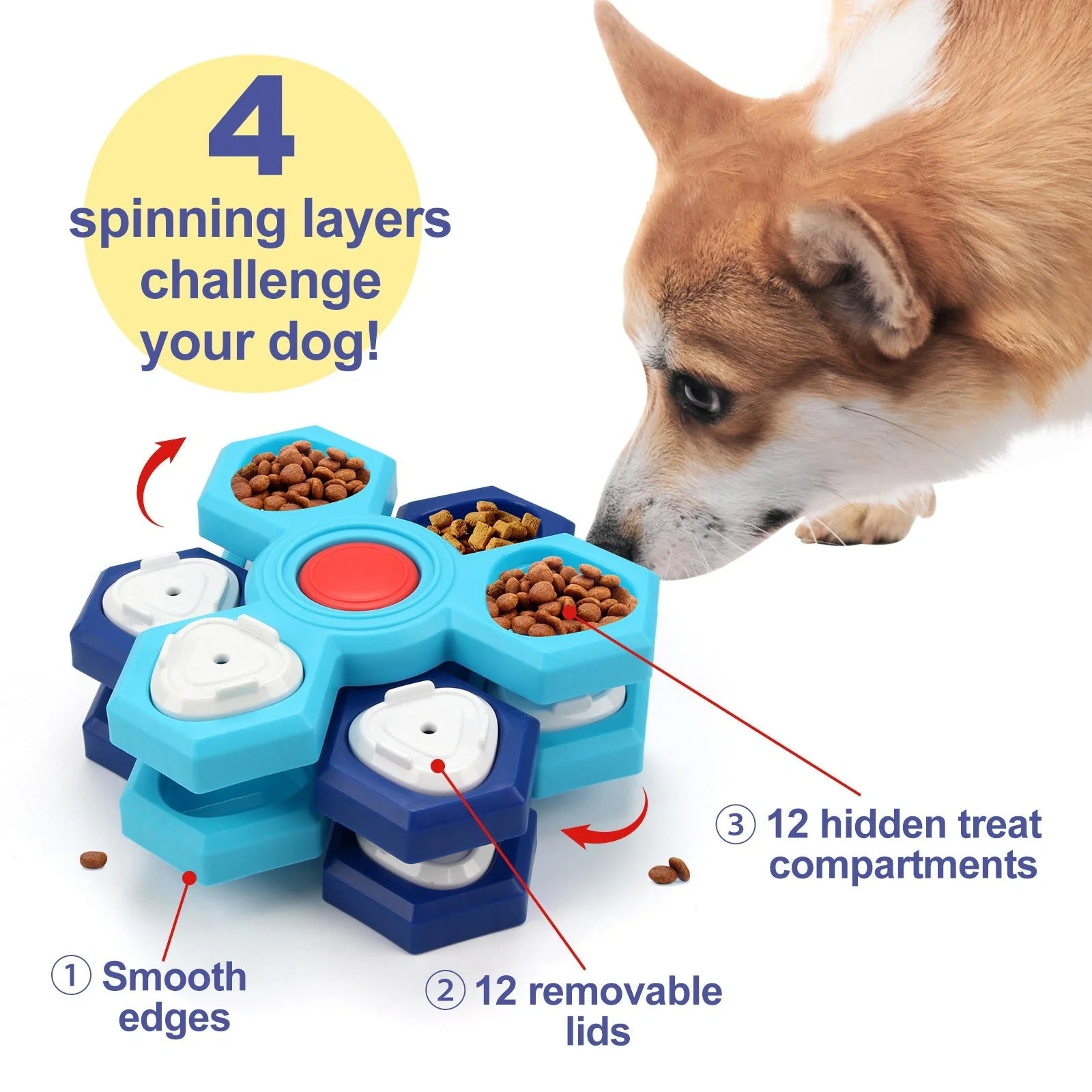 Blue 4-layer slow feeder puzzle dog bowl for controlled eating and mental stimulation