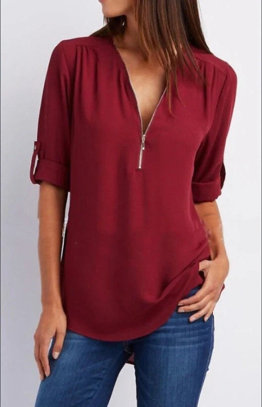 Women's ruched half zip V neck blouse in black, burgundy, or purple with rollable sleeves