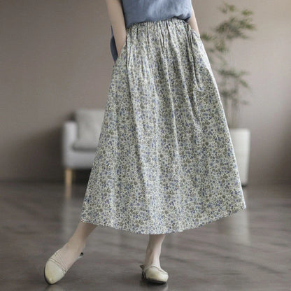 Artistic Floral Washed Cotton Skirt with little yellow and blue flowers, urban leisure style