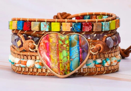 Hand-woven agate peace bracelet with heart-shaped charm