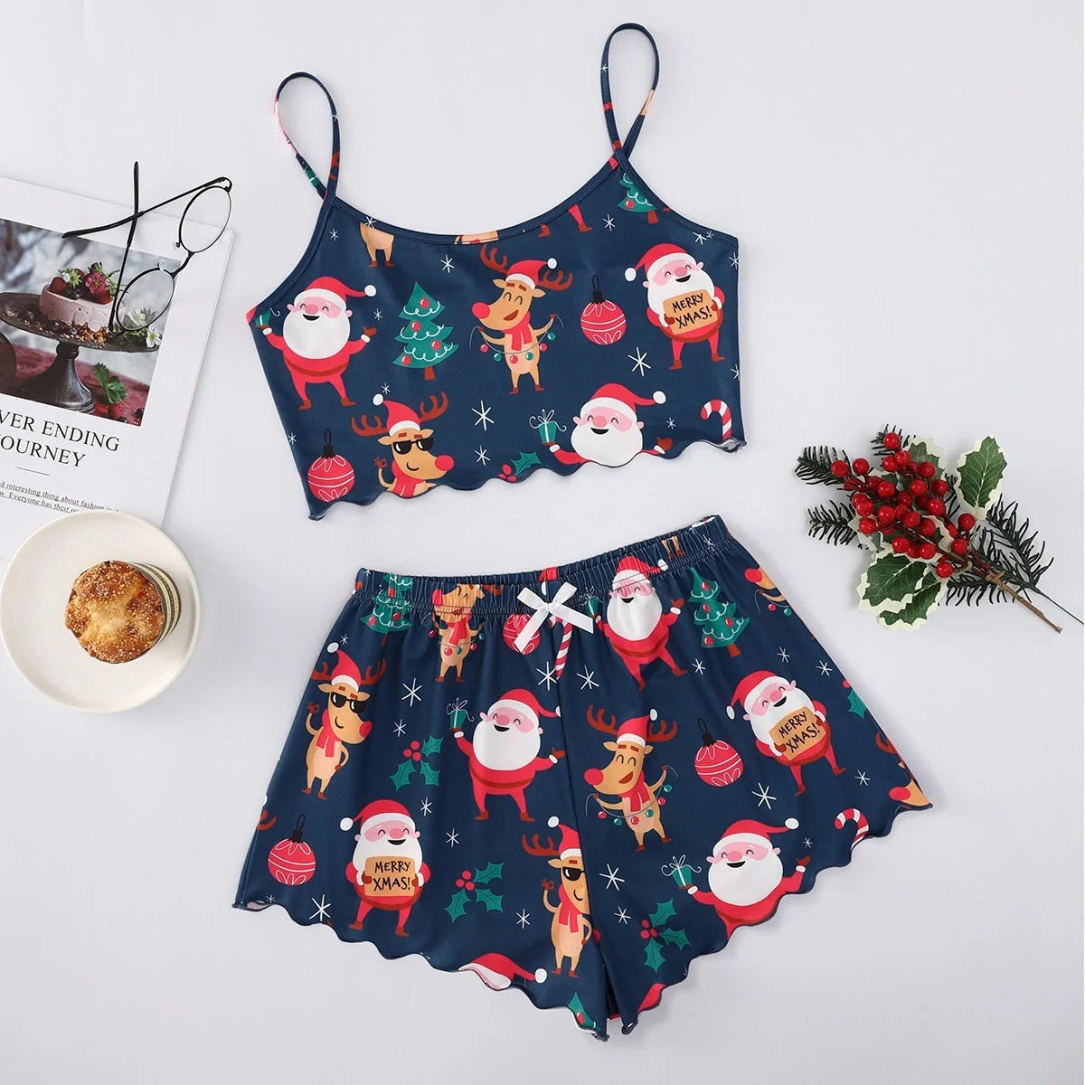 Women's Christmas-themed thin milk silk pajamas set with festive designs