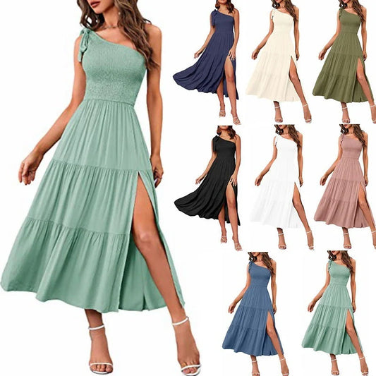 Stylish one-shoulder dress with pleated details, asymmetrical hemline, and leg-baring side slit in various colors