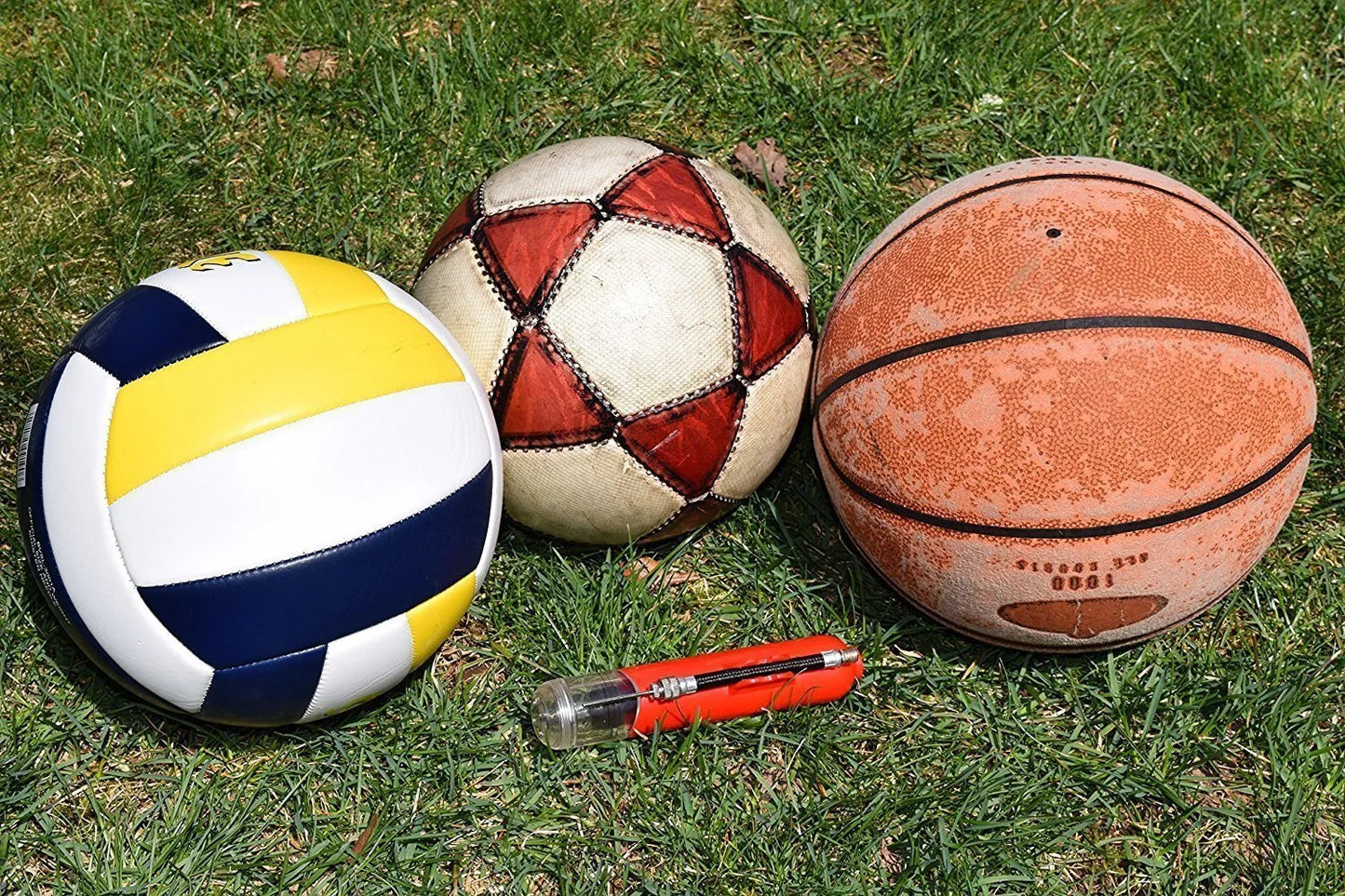 Portable air pump for basketball, football, and volleyball in various colours