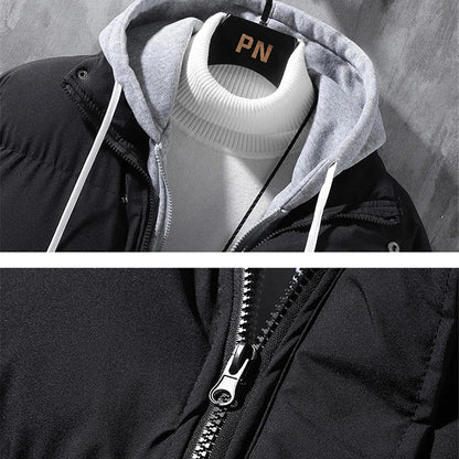 Premium insulated winter jacket for men in various colors, including black, khaki, pink, and blue. The jacket features a hooded design, front zipper closure, and adjustable drawstrings for a customized fit.