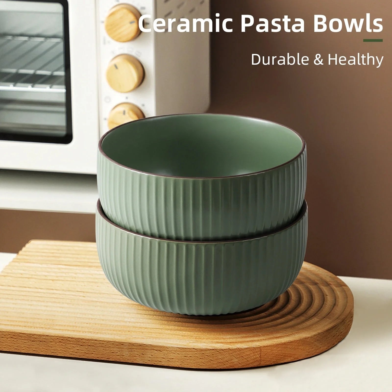 Set of 4 ceramic kitchen bowls, 46oz each, in grey and green, microwave and oven safe
