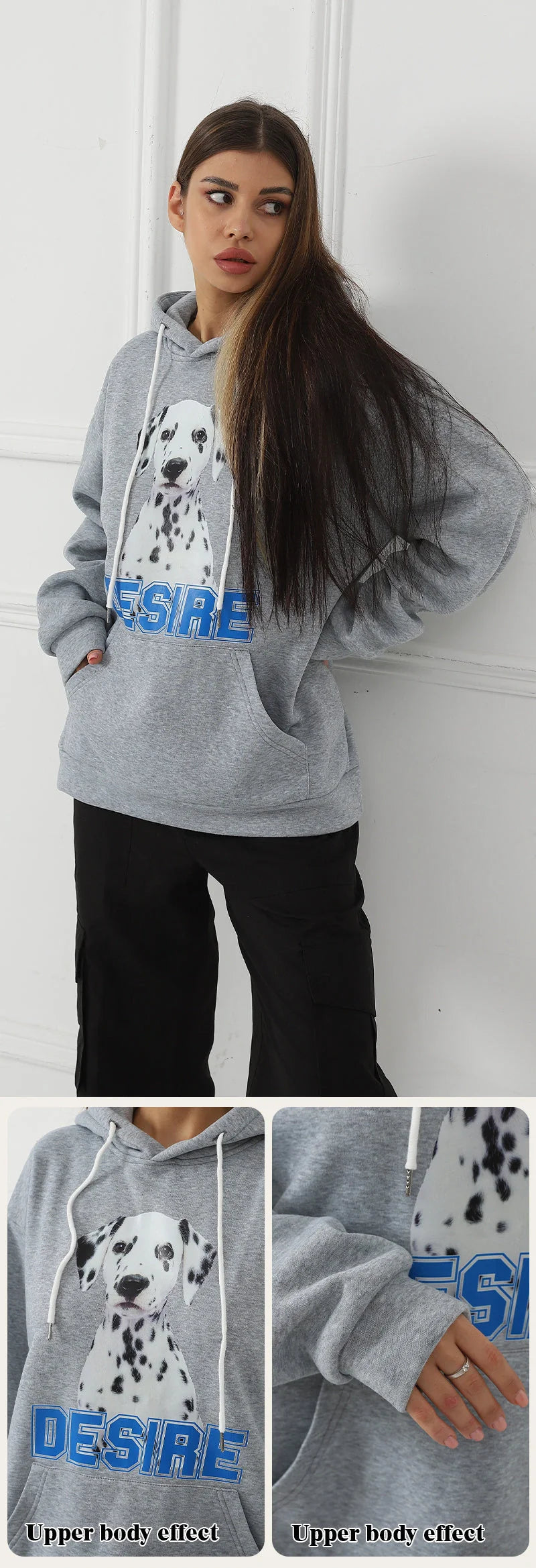 Stylish women's printed long sleeve sweatshirt in black, white, and grey