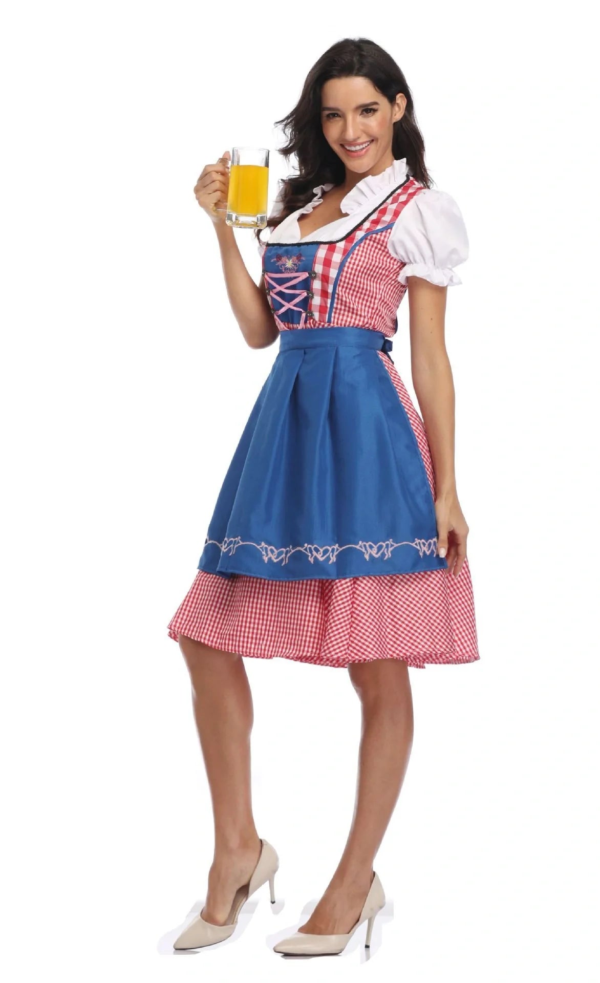 Traditional Oktoberfest ethnic dress for women in vibrant red denim with apron and ribbon
