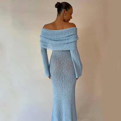A one-shoulder knit maxi dress in various colors, perfect for beach vacations and summer events.