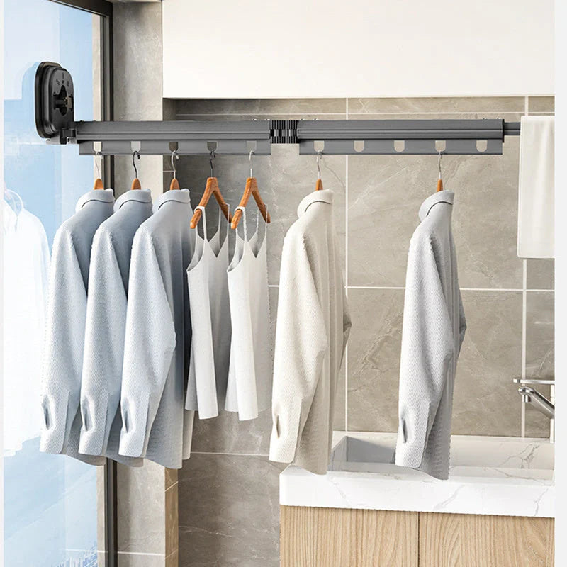 Aluminium suction cup folding clothes hanger with retractable drying rack for space-saving laundry drying