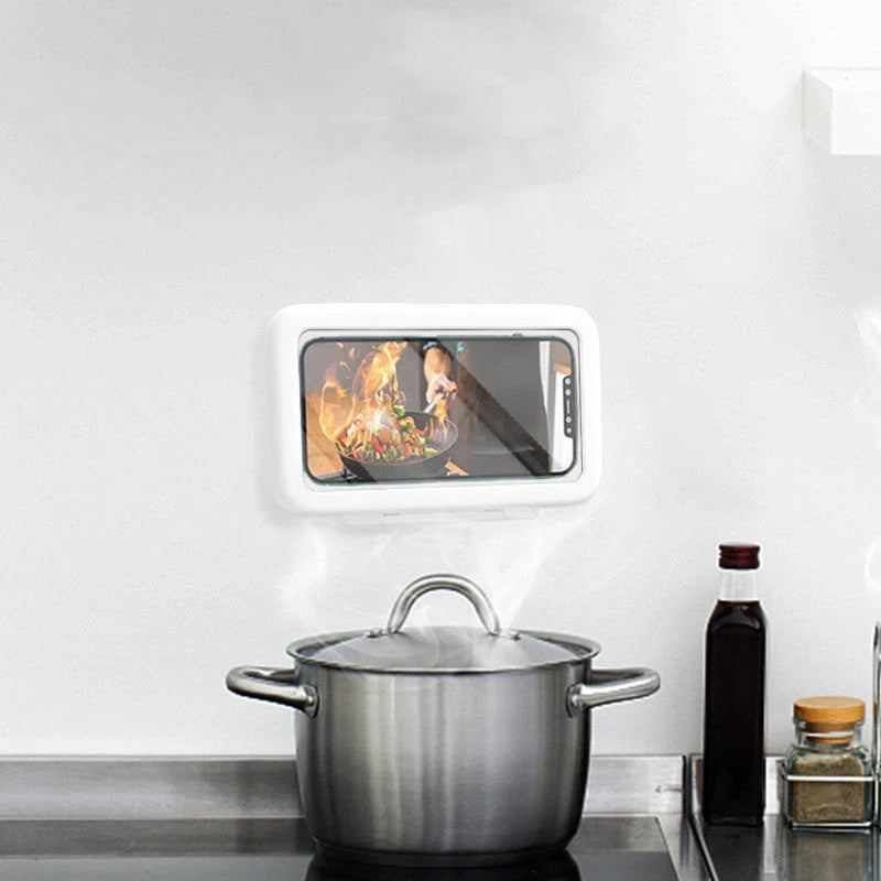 Waterproof shower phone holder with touch screen access and anti-fog window