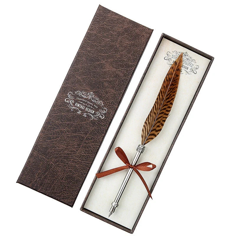 Elegant European-inspired feather pen in a luxurious gift box, showcasing its vintage-inspired design and premium stainless steel construction.