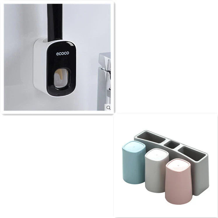 Wall-mounted automatic toothpaste dispenser with storage cups for toothbrush and bathroom accessories