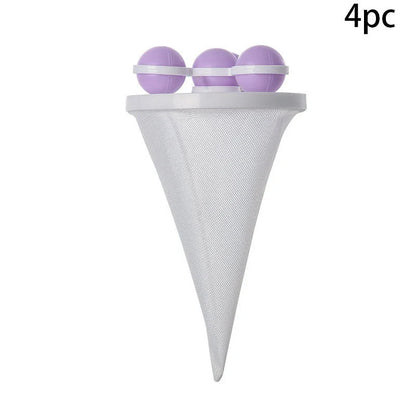 Gyroscopic Washing Machine Filter Pouch in purple, blue, and pink for lint and hair removal