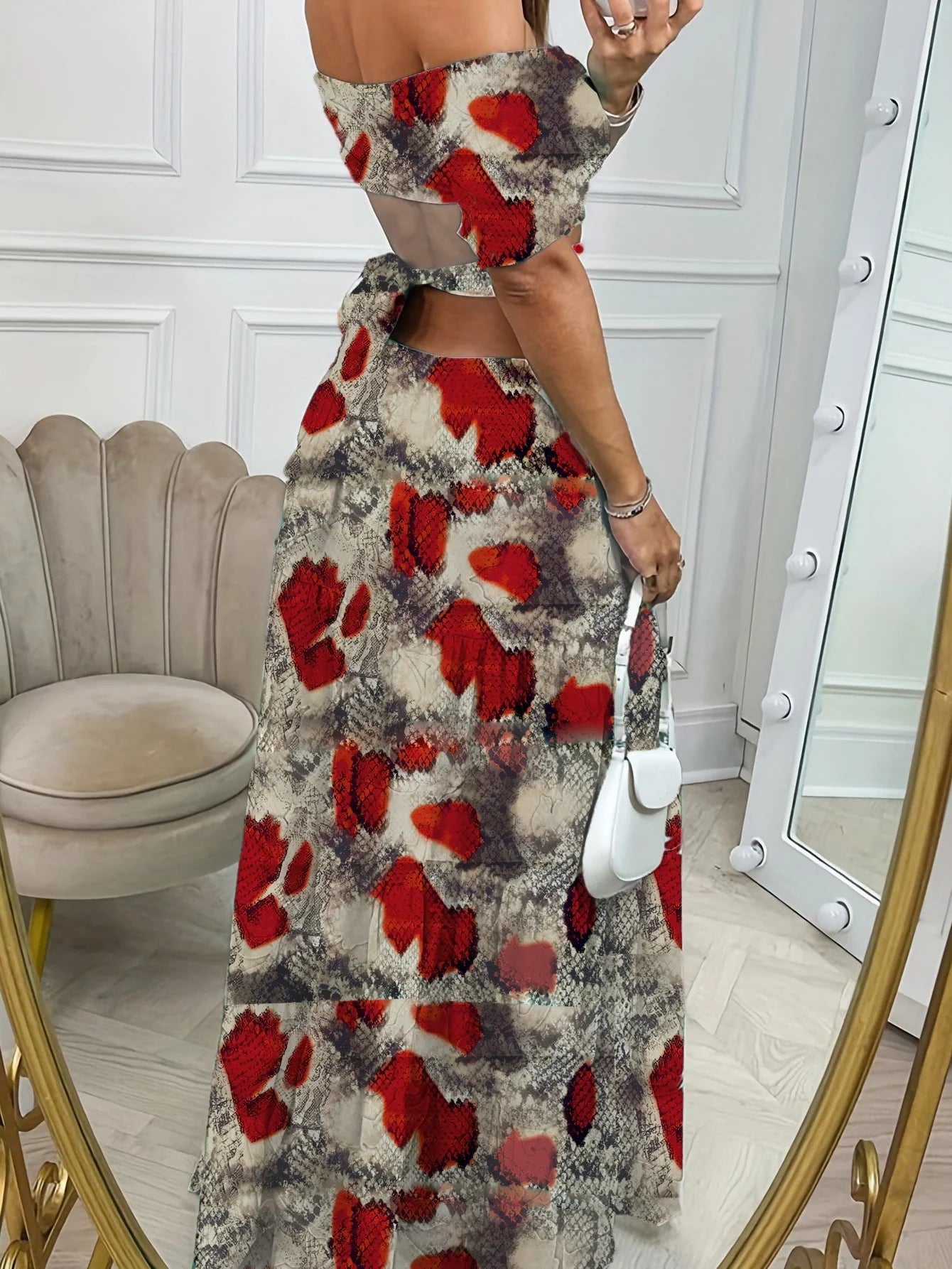 Elegant floral print chiffon summer dress with one-line collar and short sleeves