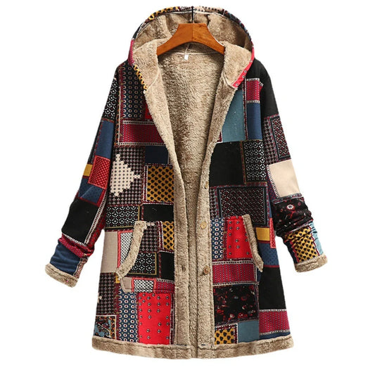 Stylish printed cotton and linen hoodie with warm plush lining, perfect for cooler weather.