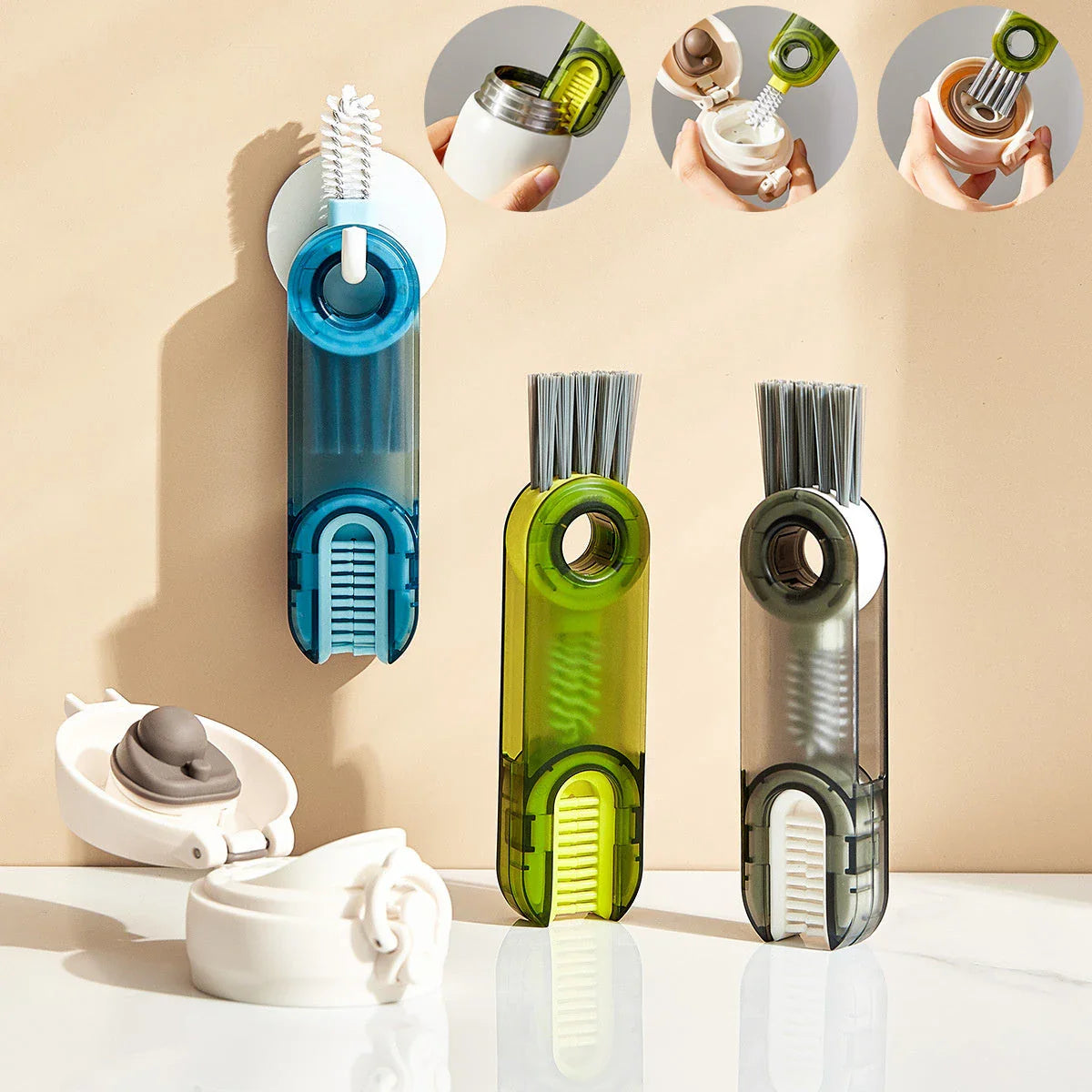 Versatile multi-purpose bottle cleaning brush set with spiral design for reaching into narrow crevices and tough-to-clean areas