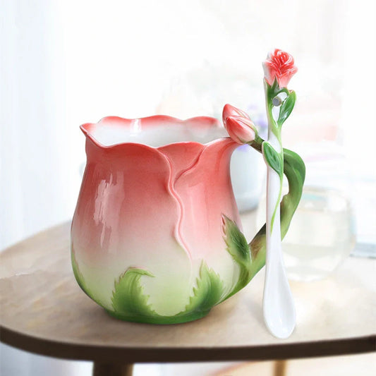 Hand-painted rose ceramic coffee mug with spoon, 320ml capacity