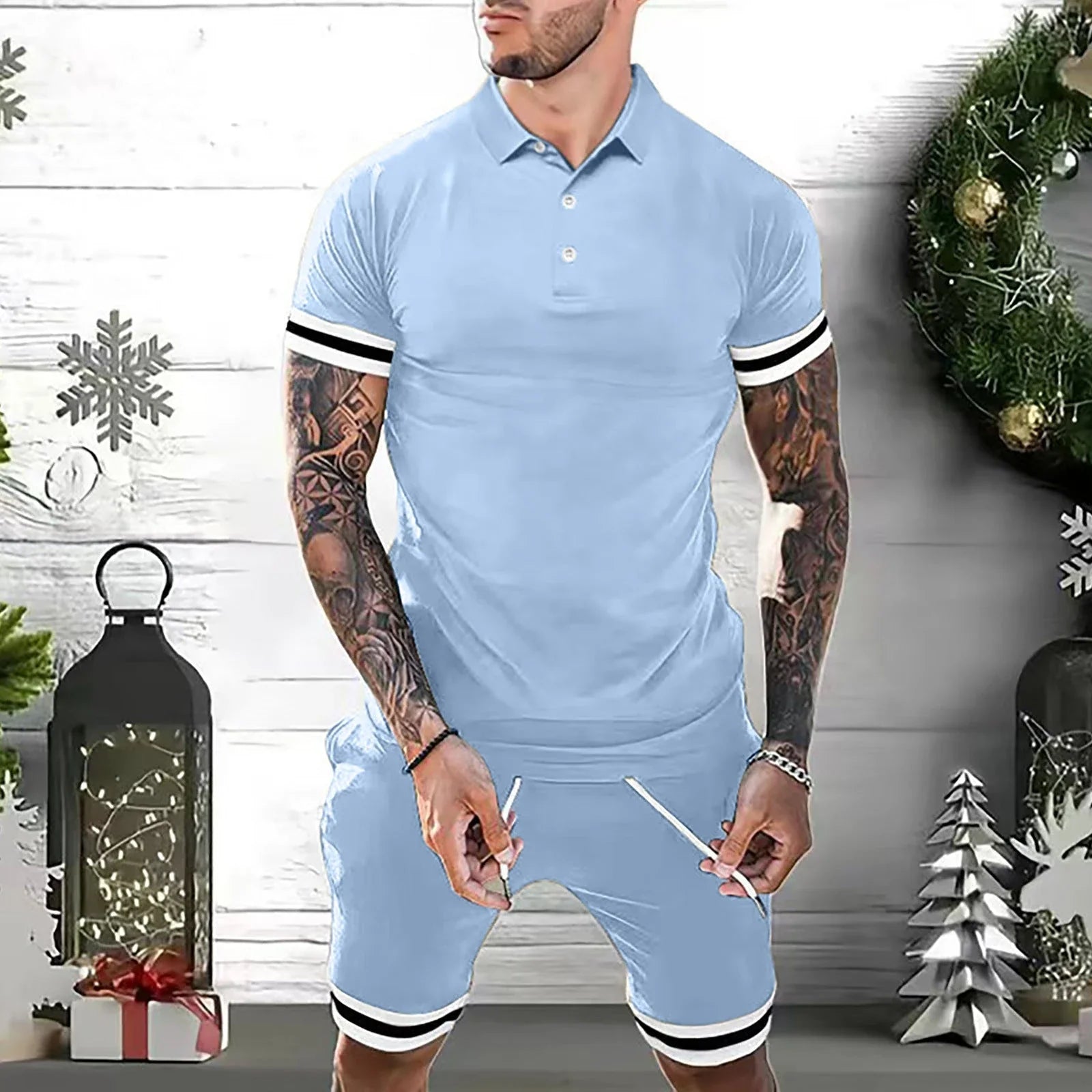 Men's 2-piece polo shirt and shorts outfit in various colors, including green, white, black, gray, navy blue, and blue