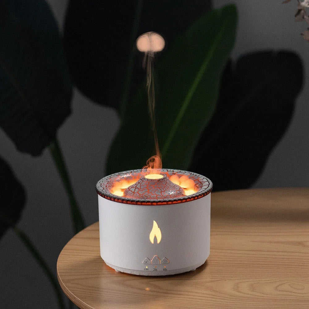 Elegant two-tone volcano-shaped humidifier with quiet mist output for cosy British homes