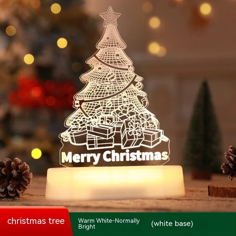 3D acrylic Christmas lights with various holiday-themed designs, including Christmas trees, elks, and Christmas dwarfs, providing warm, ambient lighting.