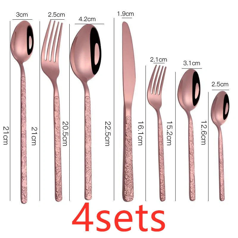 Premium steak cutlery set with embossed textured handles, made of durable stainless steel for a refined dining experience.