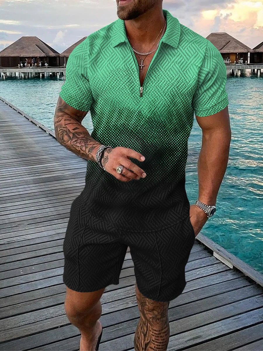 Men's casual contrast polo zip lapel shirt with shorts set in various colours