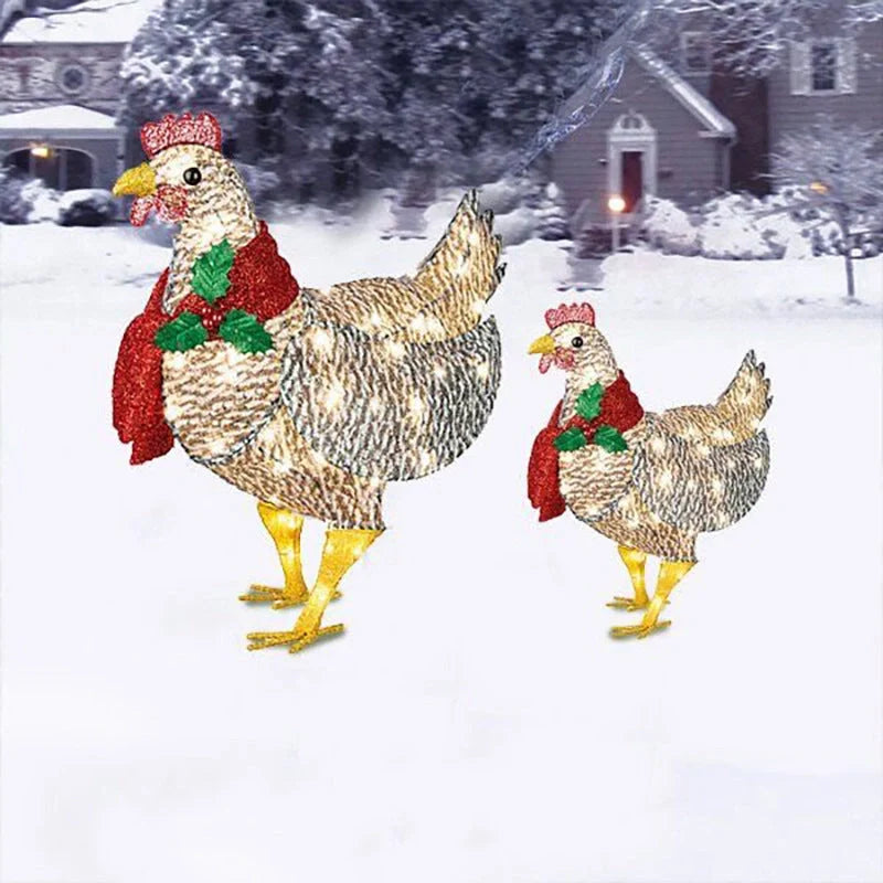 Decorated Christmas lantern with chicken design and scarf for garden decoration