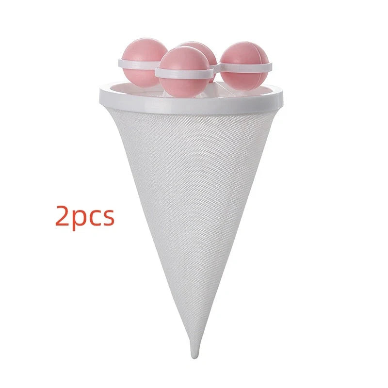 Gyroscopic Washing Machine Filter Pouch in purple, blue, and pink for lint and hair removal