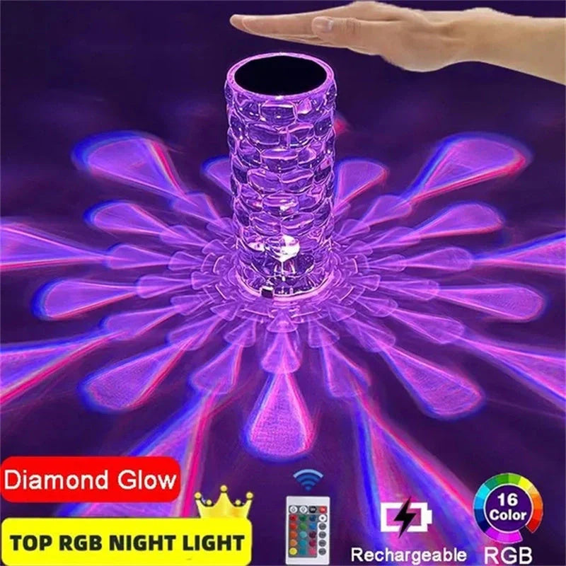 Crystal table lamp with teardrop shape and 16-colour LED options for modern romantic lighting