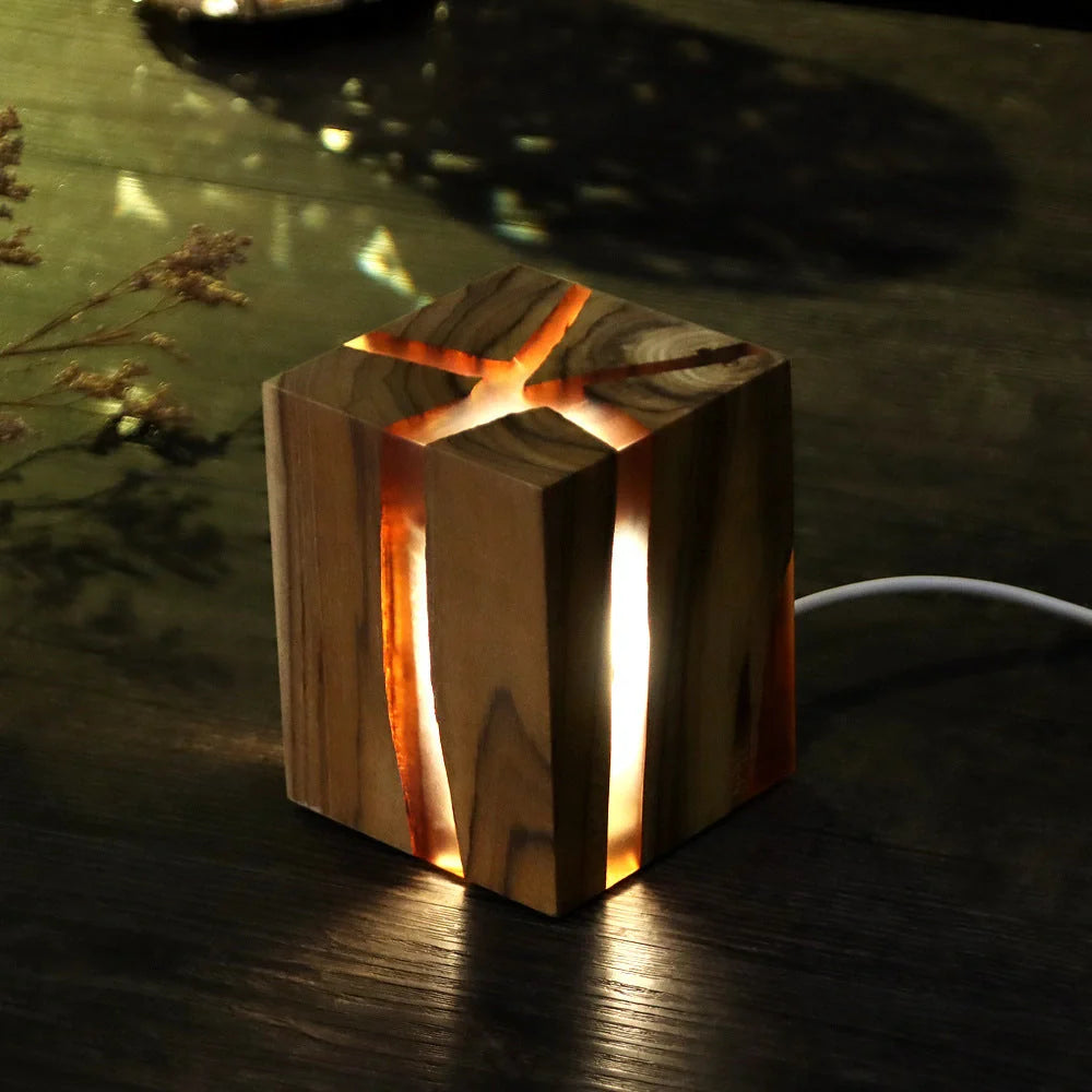 Adjustable wooden LED desk lamp with USB charging port in rustic brown finish