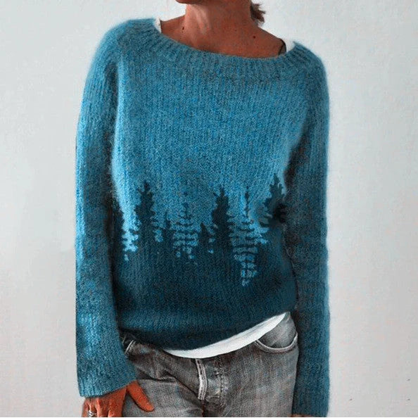 A stylish loose-fit knit jumper with a variety of colourful patterns and designs