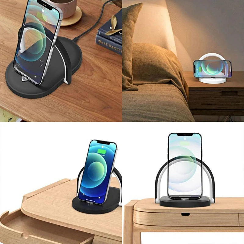 Foldable Wireless Charger with adjustable LED night light in white, black, green, and wood grain