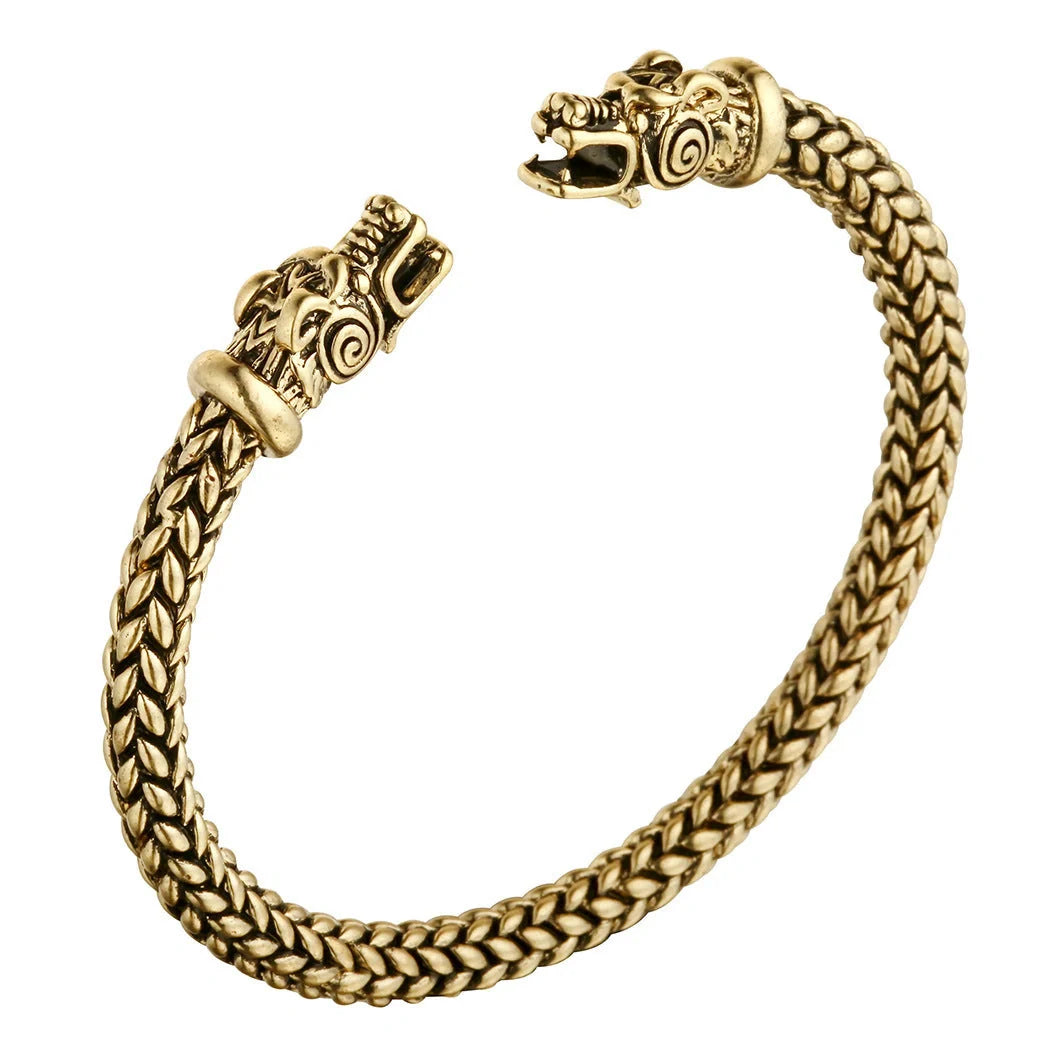 Asgard Crafted Small Handcrafted Stainless Steel Grey Wolf Head Torc Bracelet in silver and gold
