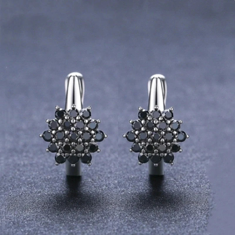 Korean-style copper vintage black zircon flower stud earrings for women