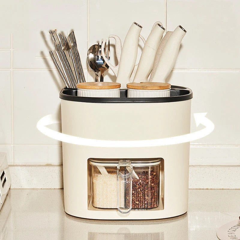 Rotating multipurpose kitchen storage organizer with four compartments for spices, utensils, and other cooking essentials