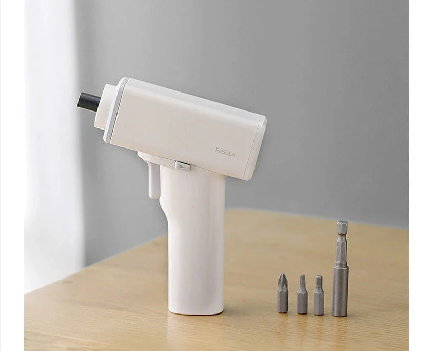 Compact white electric screwdriver with LED light and USB charging