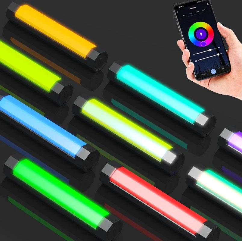 Vibrant LED photography lighting wand with wireless remote control, offering customizable color and brightness for creative lighting solutions