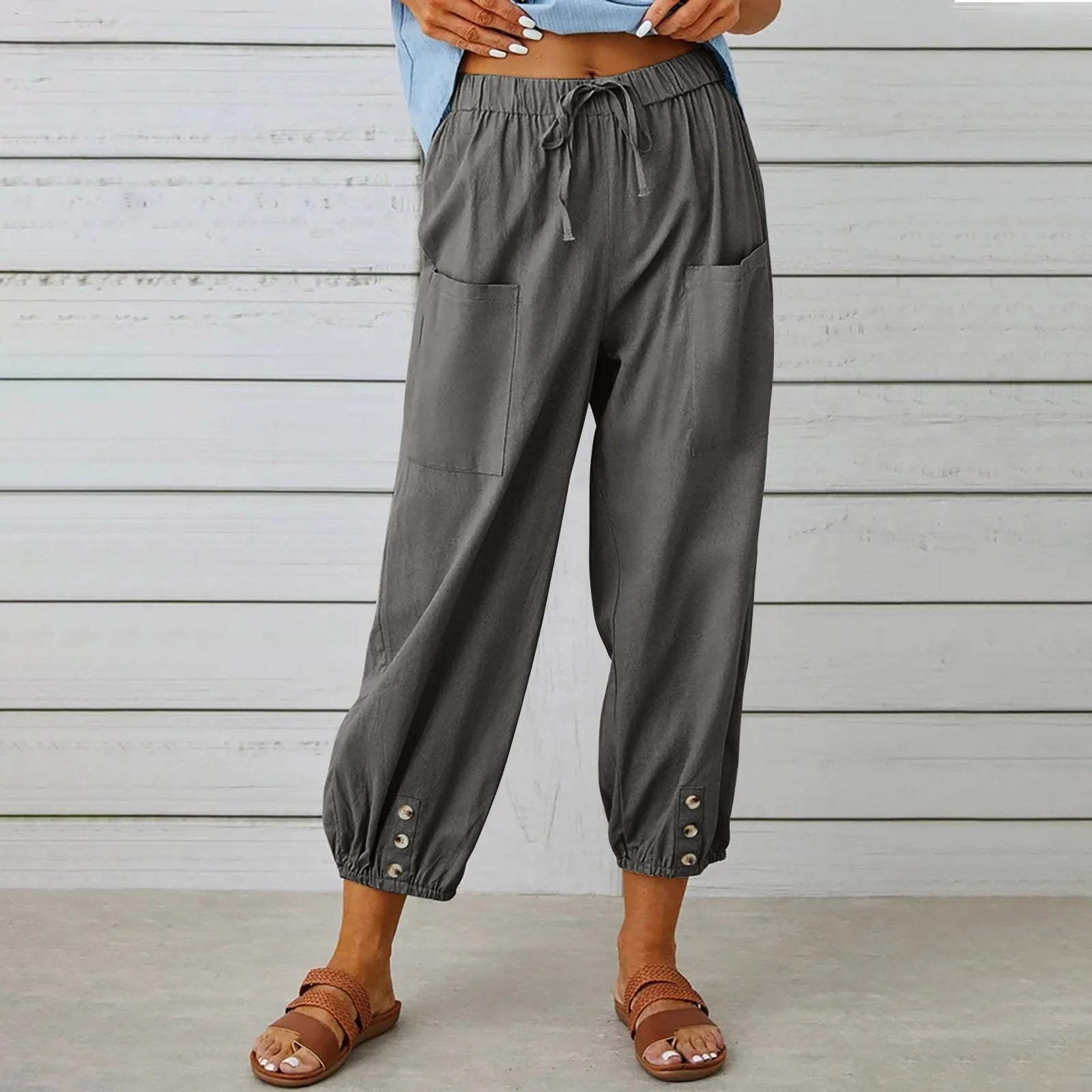 Women's cotton and linen drawstring tie pants with pockets, available in multiple colours and sizes.