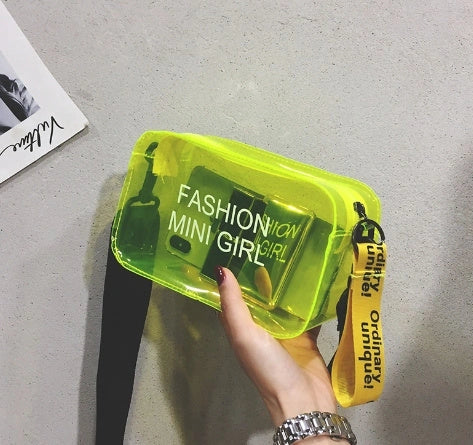 Transparent square fashion shoulder bag with adjustable strap and internal phone compartment
