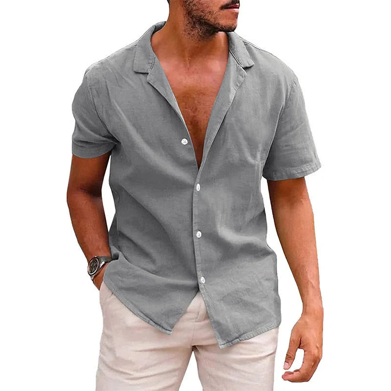 Men's casual linen-cotton blend short sleeve button-down shirt in various colours