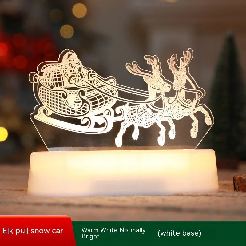 3D acrylic Christmas lights with various holiday-themed designs, including Christmas trees, elks, and Christmas dwarfs, providing warm, ambient lighting.