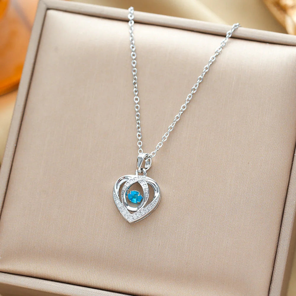 Heart-shaped rhinestone clavicle chain necklace in gold, silver, and blue