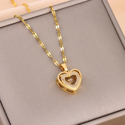 Elegant double-layered love necklace with rhinestones, titanium steel pendant, fashion jewellery for women