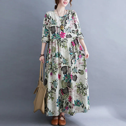 Literary Plus Size Printed Long Sleeve Cotton Blend Dress in vibrant colours