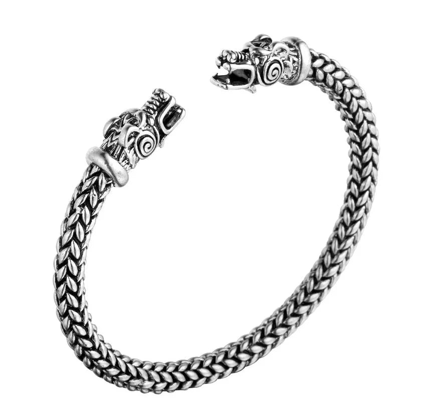 Asgard Crafted Small Handcrafted Stainless Steel Grey Wolf Head Torc Bracelet in silver and gold