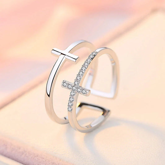 Double Cross Miniature Copper Inlaid Zircon Ring with adjustable opening for women