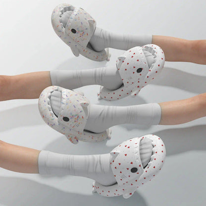 Cute shark-themed slippers with heart print design in various vibrant colors